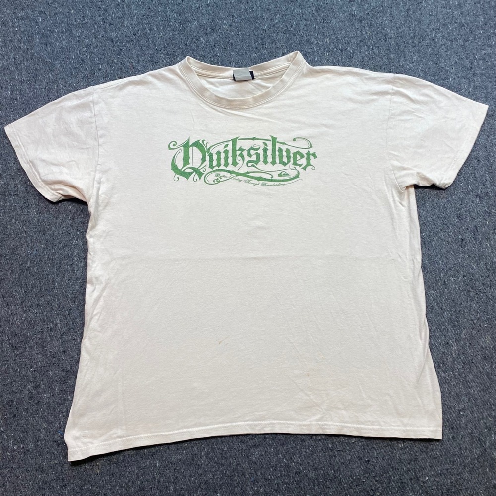 Quiksilver TShirt Sz L Mens Beige Green Gothic Logo Skater Surf Y2K Streetwear